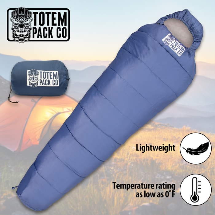 Full image of the blue Totem Pack Co. SummitSnooze Mummy Sleeping Bag.